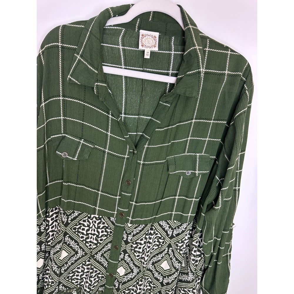 Trueself Mixed Print Plaid Floral Button Tunic Top Green Roll Tab Shirt Size 3X - Picture 4 of 12